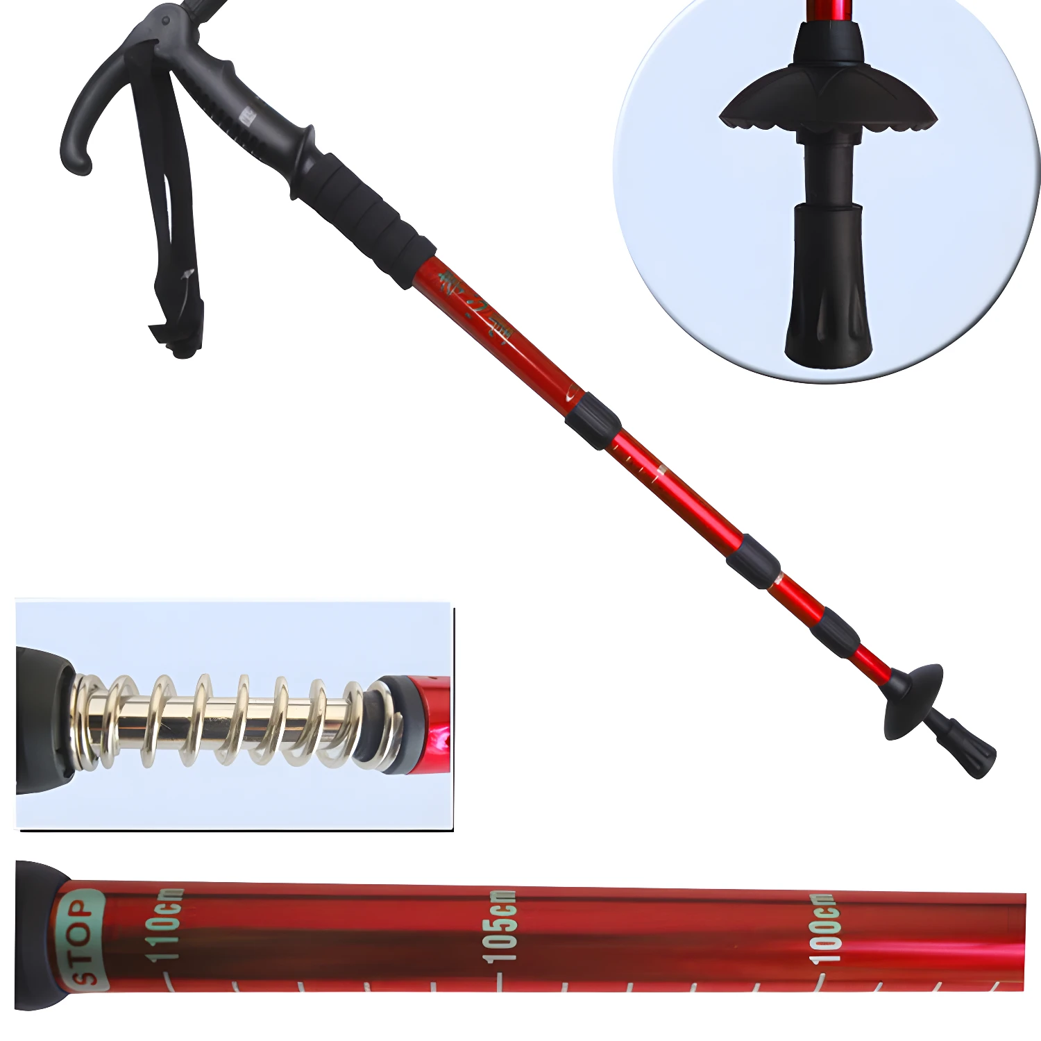 Bastón de trekking senderismo con linterna LED, ajustable, rojo, con detalles de resorte y medidas.