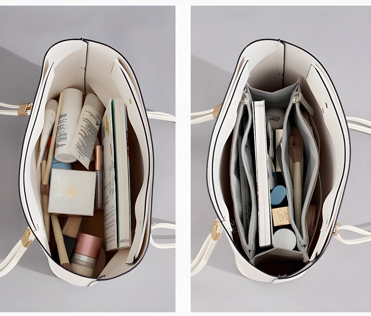 Set x2 Bolso Organizador Oasis blanco con interior lleno de maquillaje y accesorios.