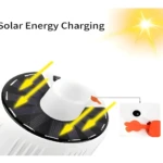 Bombillo LED solar recargable 24 LEDs cargándose con el sol, diseño blanco con panel solar.