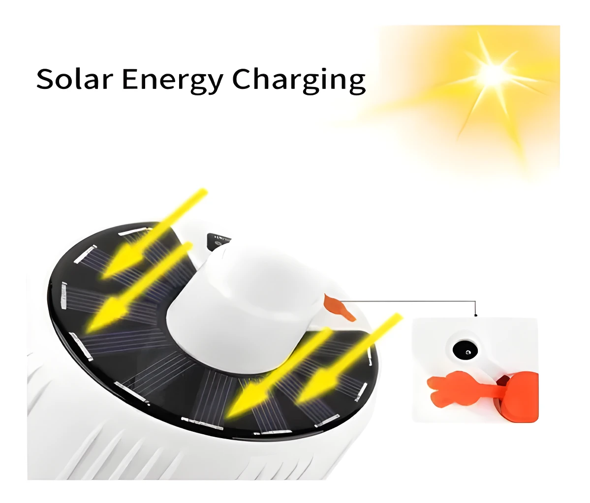 Bombillo LED solar recargable 24 LEDs cargándose con el sol, diseño blanco con panel solar.