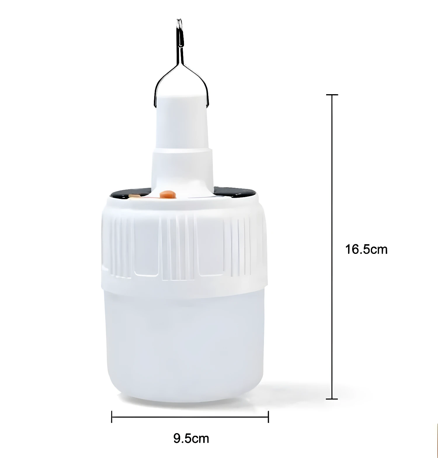Bombillo LED solar recargable de 24 LEDs con gancho para colgar y dimensiones de 16.5cm x 9.5cm.