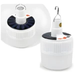 Bombillo LED solar recargable de 24 LEDs con gancho y panel solar, ideal para exteriores.