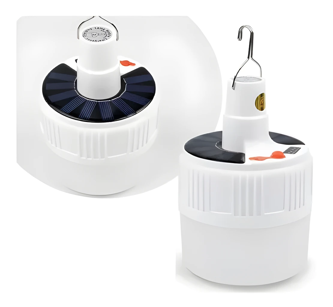 Bombillo LED solar recargable de 24 LEDs con gancho y panel solar, ideal para exteriores.