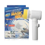 Cepillo de limpieza giratorio 5 en 1 Magic Brush blanco con accesorio amarillo, ideal para baños y duchas.
