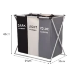 Cesto de ropa sucia plegable de 3 secciones: oscuro, claro y color.