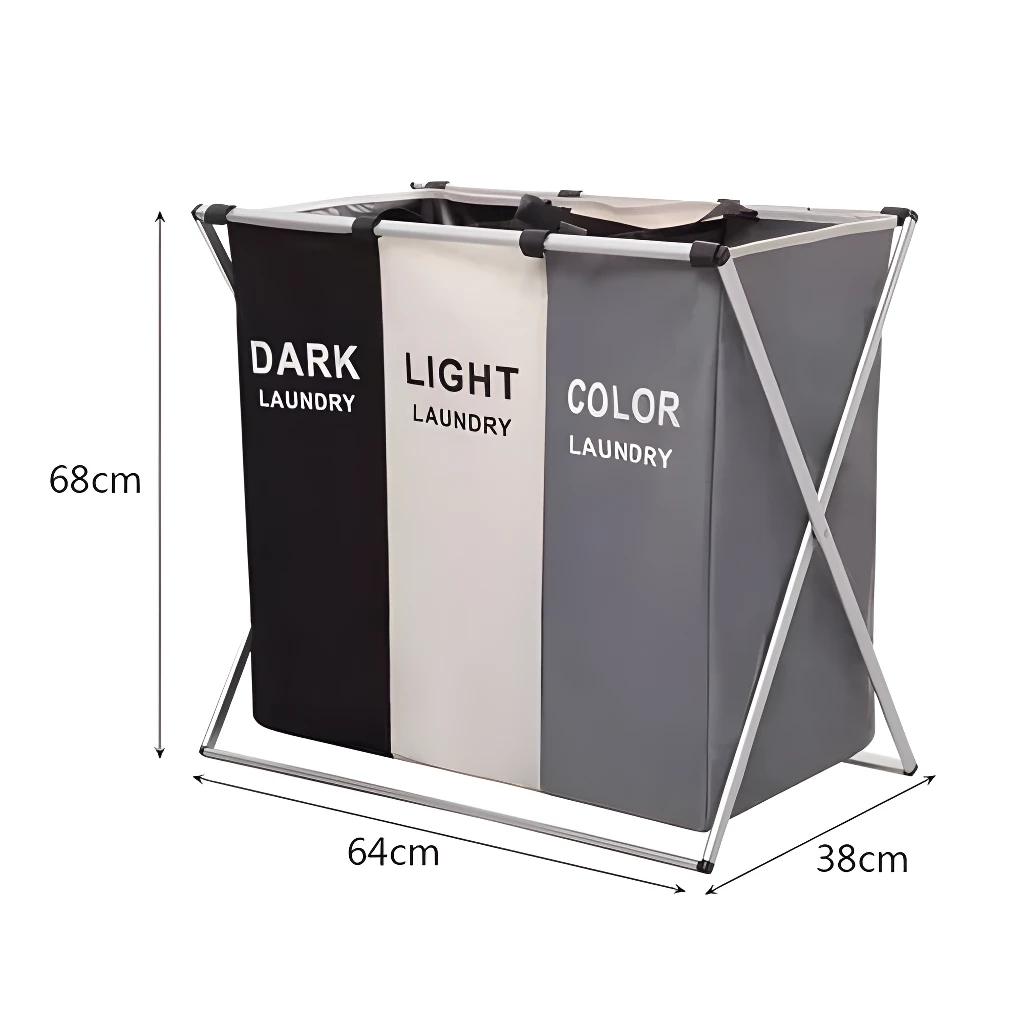 Cesto de ropa sucia plegable de 3 secciones: oscuro, claro y color.