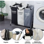 Cesto de ropa plegable con 3 compartimentos: oscuro, claro y color. Ideal para organizar.