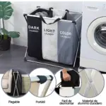 Cesto de ropa plegable con 3 compartimentos: oscuro, claro y color. Ideal para organizar.