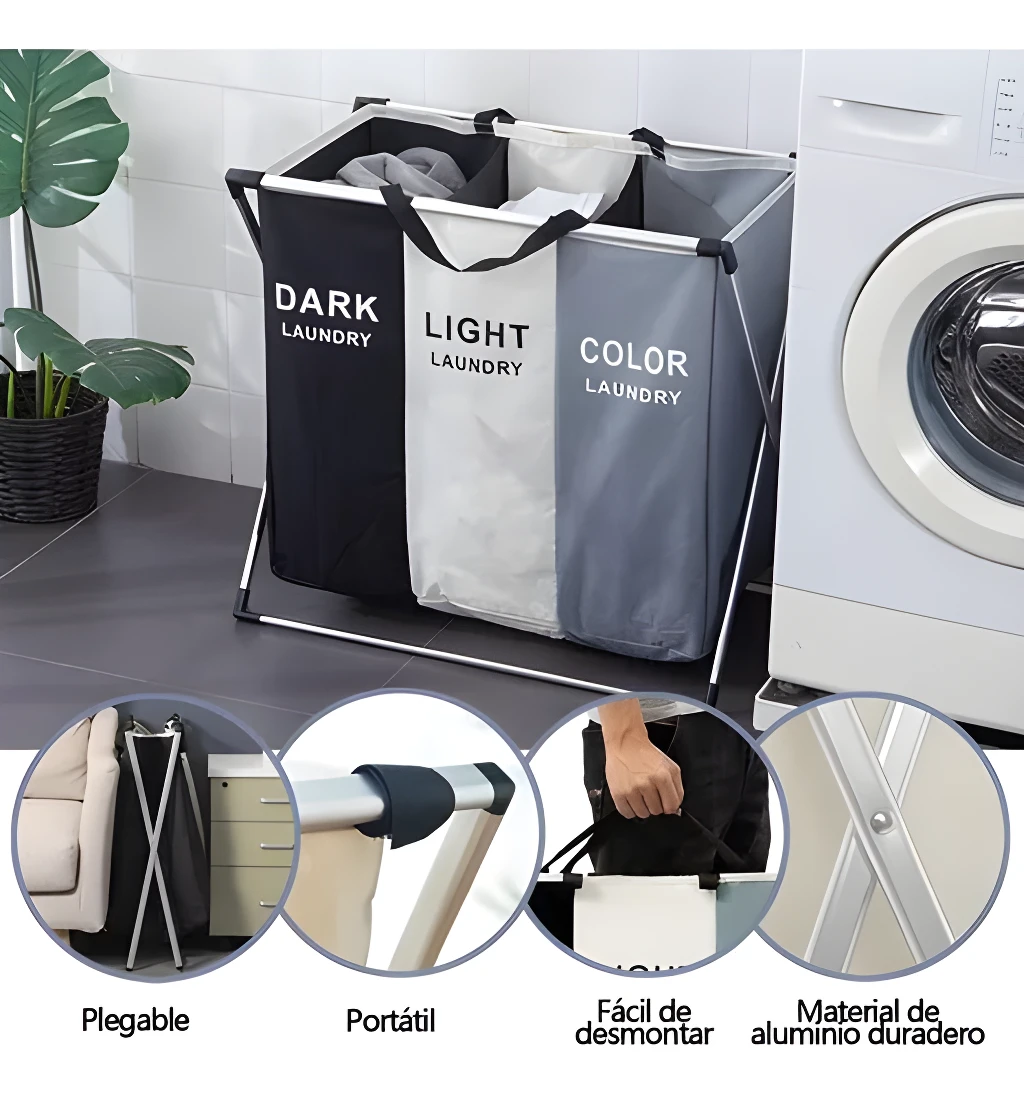 Cesto de ropa plegable con 3 compartimentos: oscuro, claro y color. Ideal para organizar.