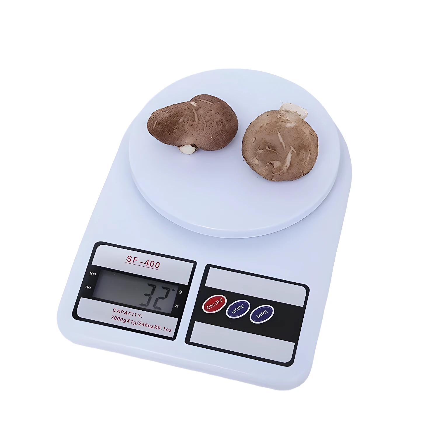 Gramera digital SF-400 con dos champiñones marrones encima, lista para pesar.