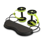 Ruedas de tonificador para abdomen con banda de estiramiento y base ergonómica negra.