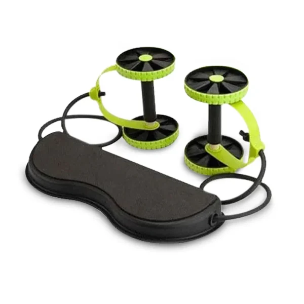 Ruedas de tonificador para abdomen con banda de estiramiento y base ergonómica negra.