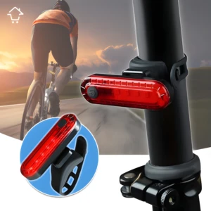Luz LED trasera roja para bicicleta impermeable, montaje seguro en poste de asiento.