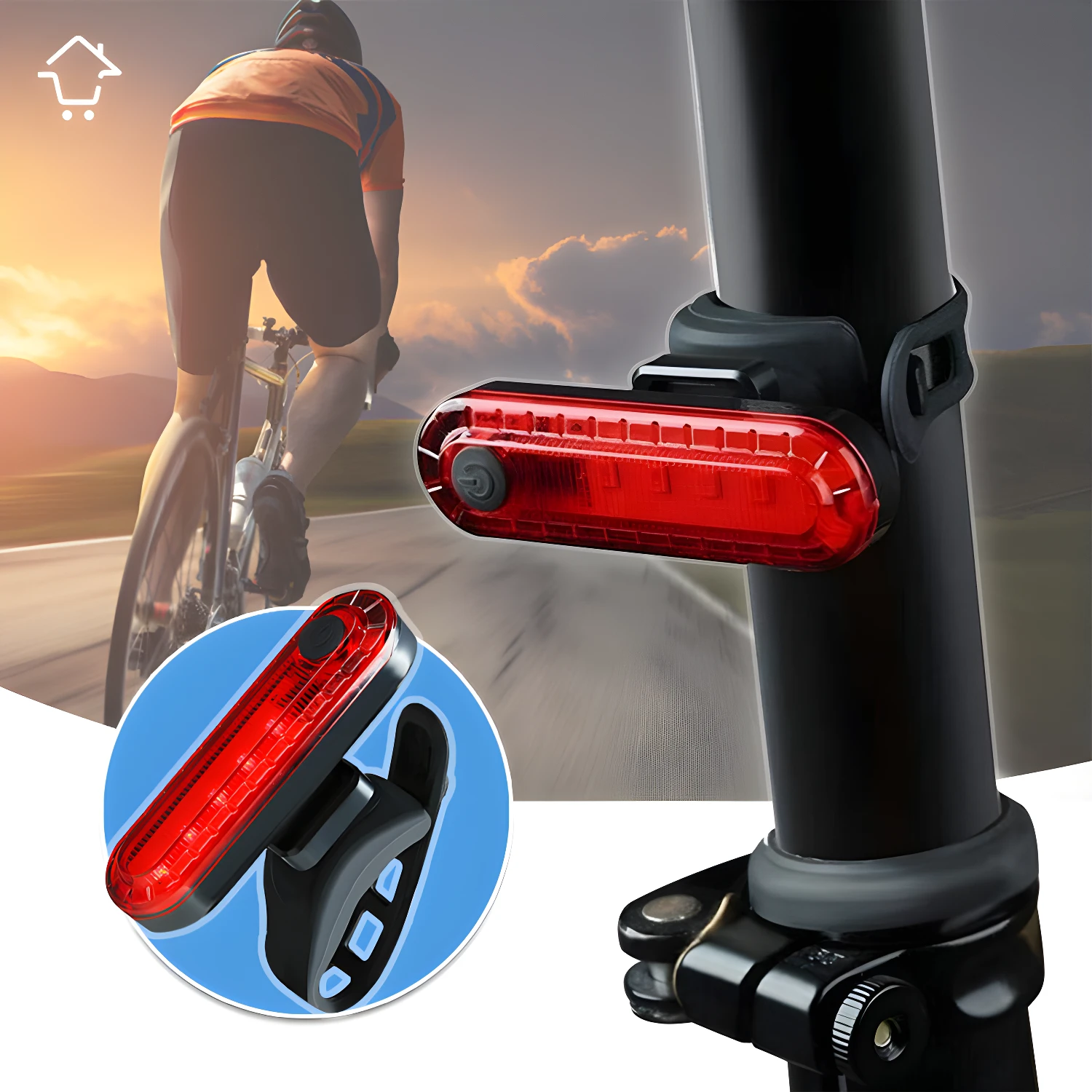 Luz LED trasera roja para bicicleta impermeable, montaje seguro en poste de asiento.
