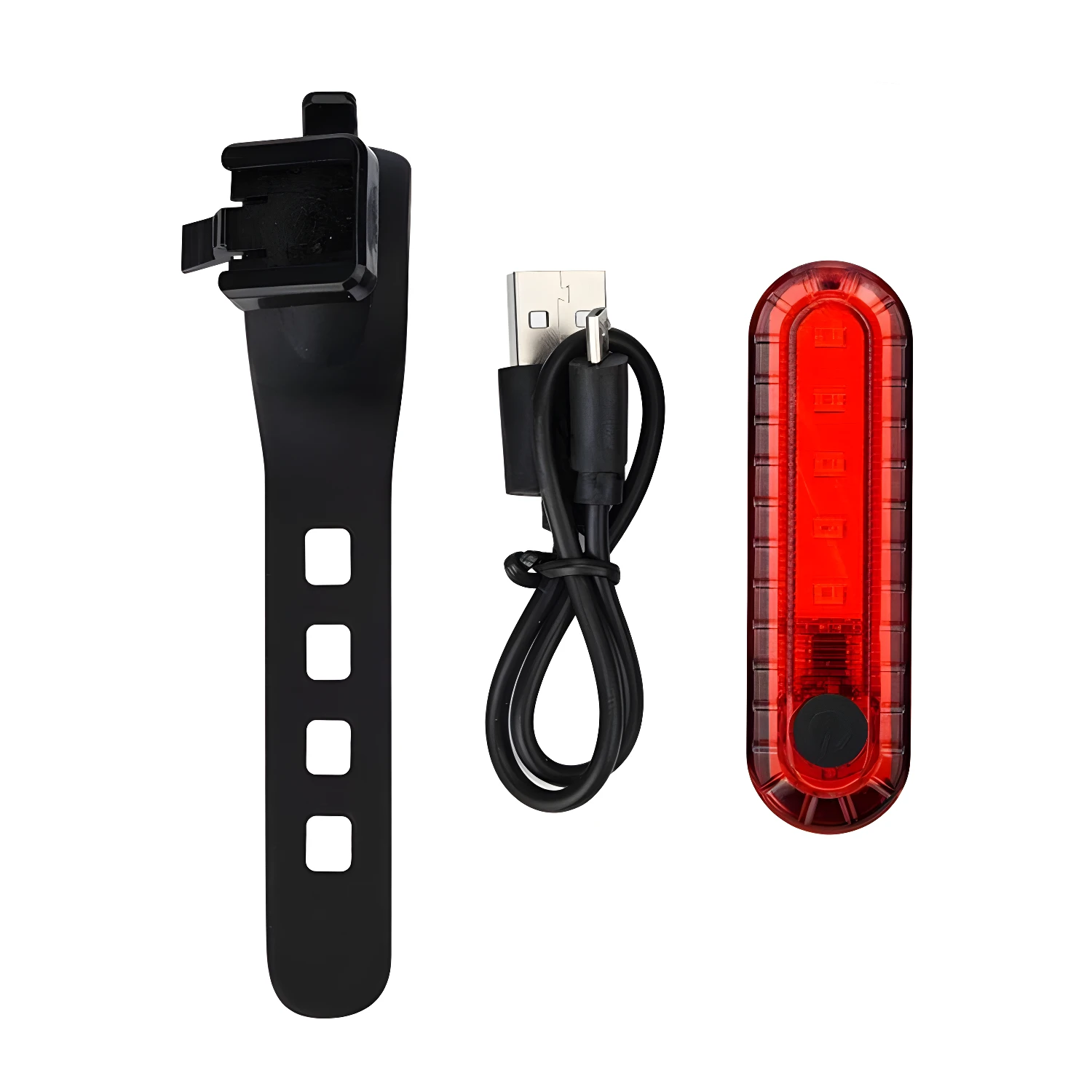 Luz LED trasera de bicicleta impermeable, cable USB y soporte de montaje negro.