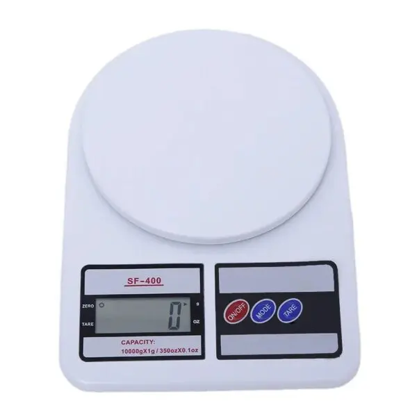 Gramera digital SF-400 blanca con pantalla LCD y botones de encendido, modo y tara.