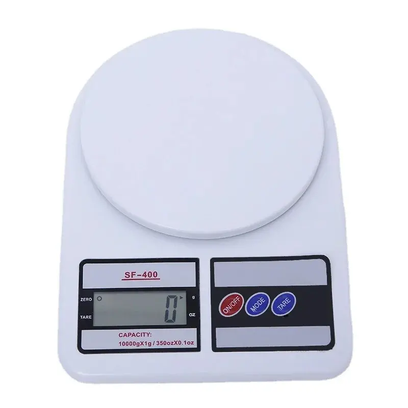 Gramera digital SF-400 blanca con pantalla LCD y botones de encendido, modo y tara.