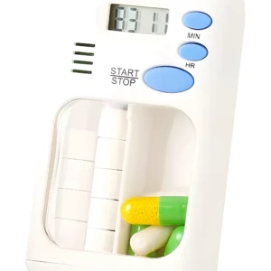 Pastillero temporizador con alarma LCD, compartimentos para píldoras y botón de inicio/parada.