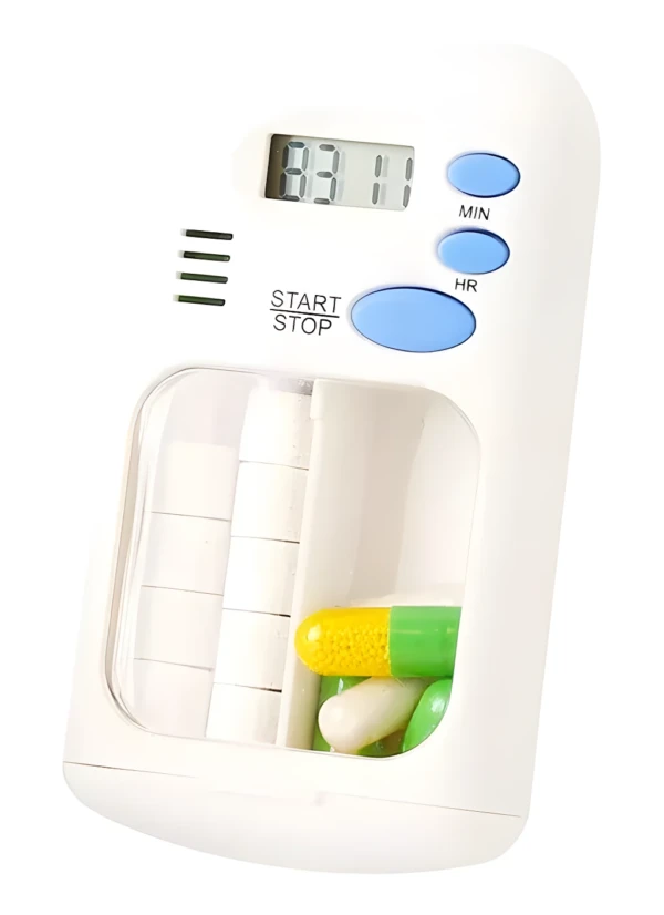 Pastillero temporizador con alarma LCD, compartimentos para píldoras y botón de inicio/parada.