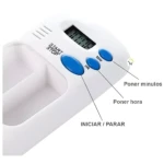 Mini pastillero temporizador con alarma LCD, botones HR, MIN, START/STOP y compartimentos.
