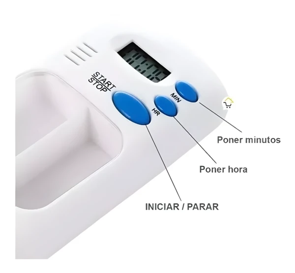 Mini pastillero temporizador con alarma LCD, botones HR, MIN, START/STOP y compartimentos.