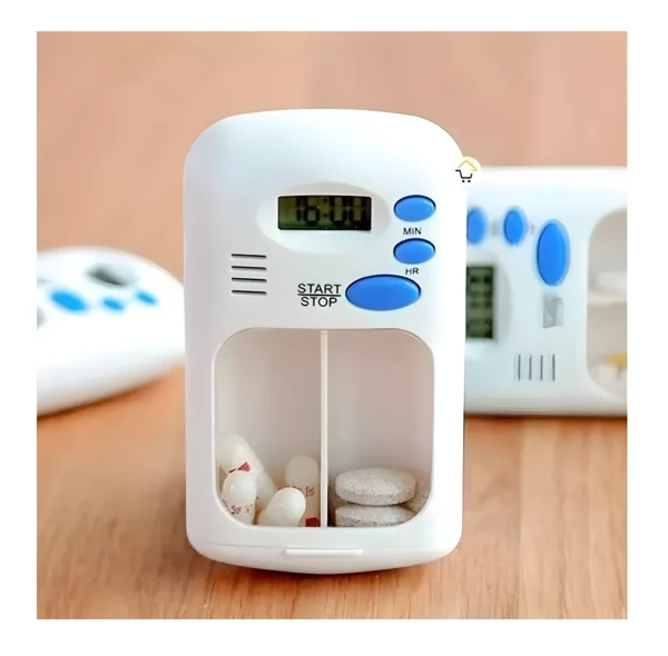Mini pastillero temporizador con alarma LCD y compartimentos para pastillas, ideal para recordatorios de medicamentos.