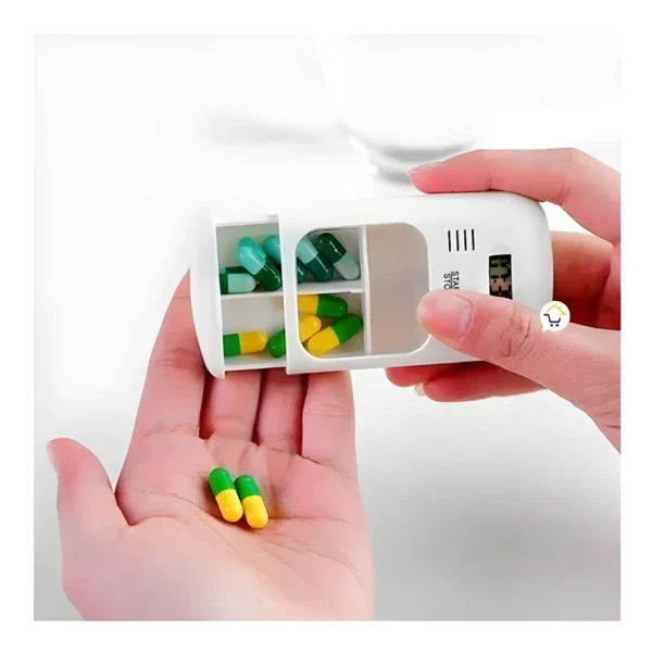 Mini pastillero temporizador con alarma LCD, compartimentos para pastillas y cápsulas verdes y amarillas.