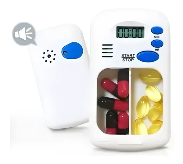 Pastillero temporizador con alarma y pantalla LCD, ideal para organizar tus medicamentos.