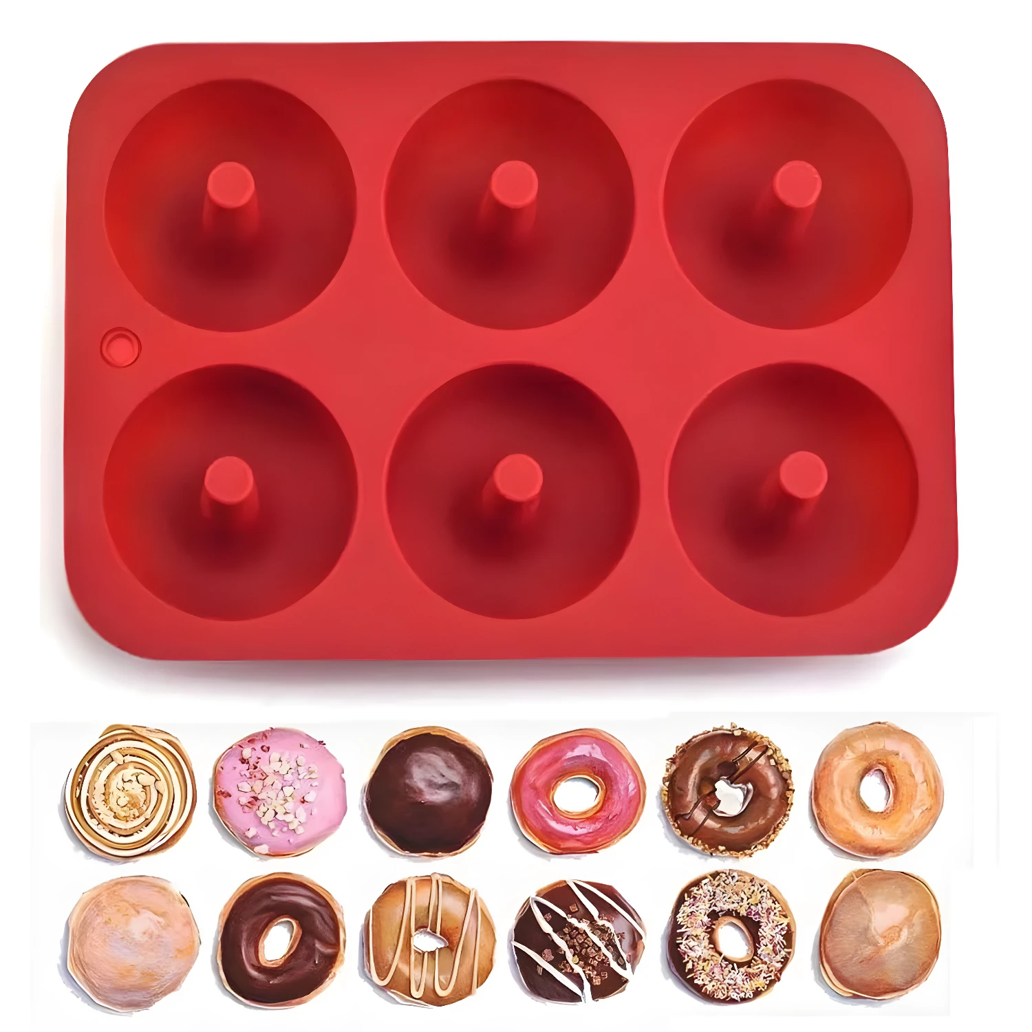 Molde de silicona rojo para 6 mini donas horneadas, variedad de donas decoradas abajo.