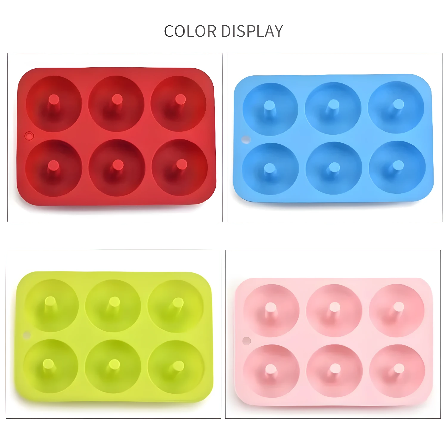 Set de 3 moldes de silicona para mini donas en colores rojo, azul y verde.