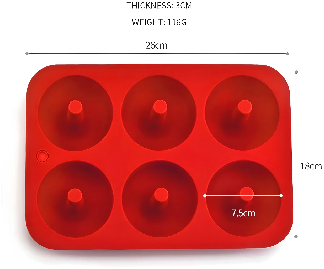 Molde de silicona rojo para 3 mini donas, 26x18cm, 7.5cm de diámetro.