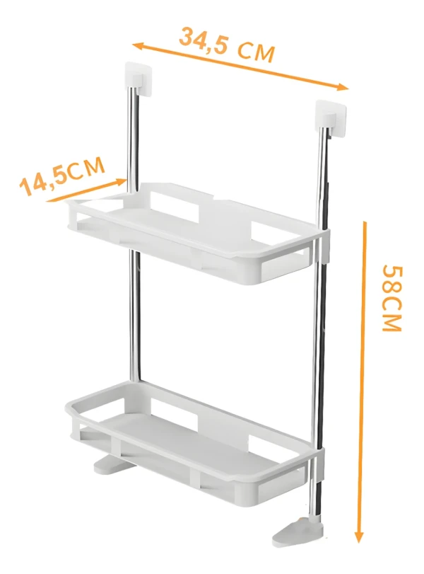 Estante organizador multifuncional para baño de 58cm alto, 34.5cm ancho y 14.5cm profundidad.