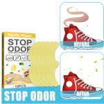 Set x20 parches eliminadores de olor para zapatos, antes y después, mostrando zapatilla roja con y sin mal olor.