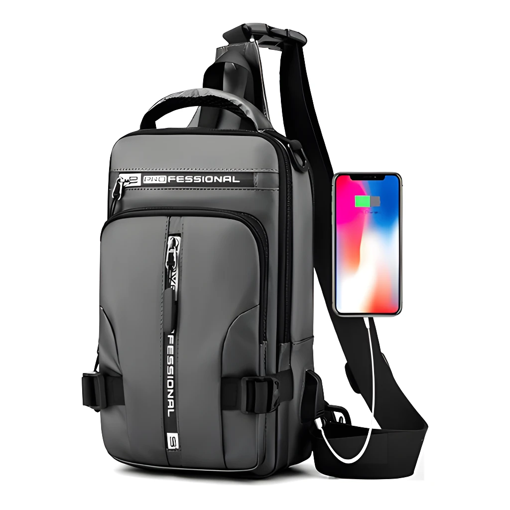 Pechera bolso multiusos gris con cargador de móvil integrado y diseño moderno.