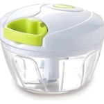 Picador manual de alimentos transparente con tapa blanca y verde, ideal para picar ingredientes.