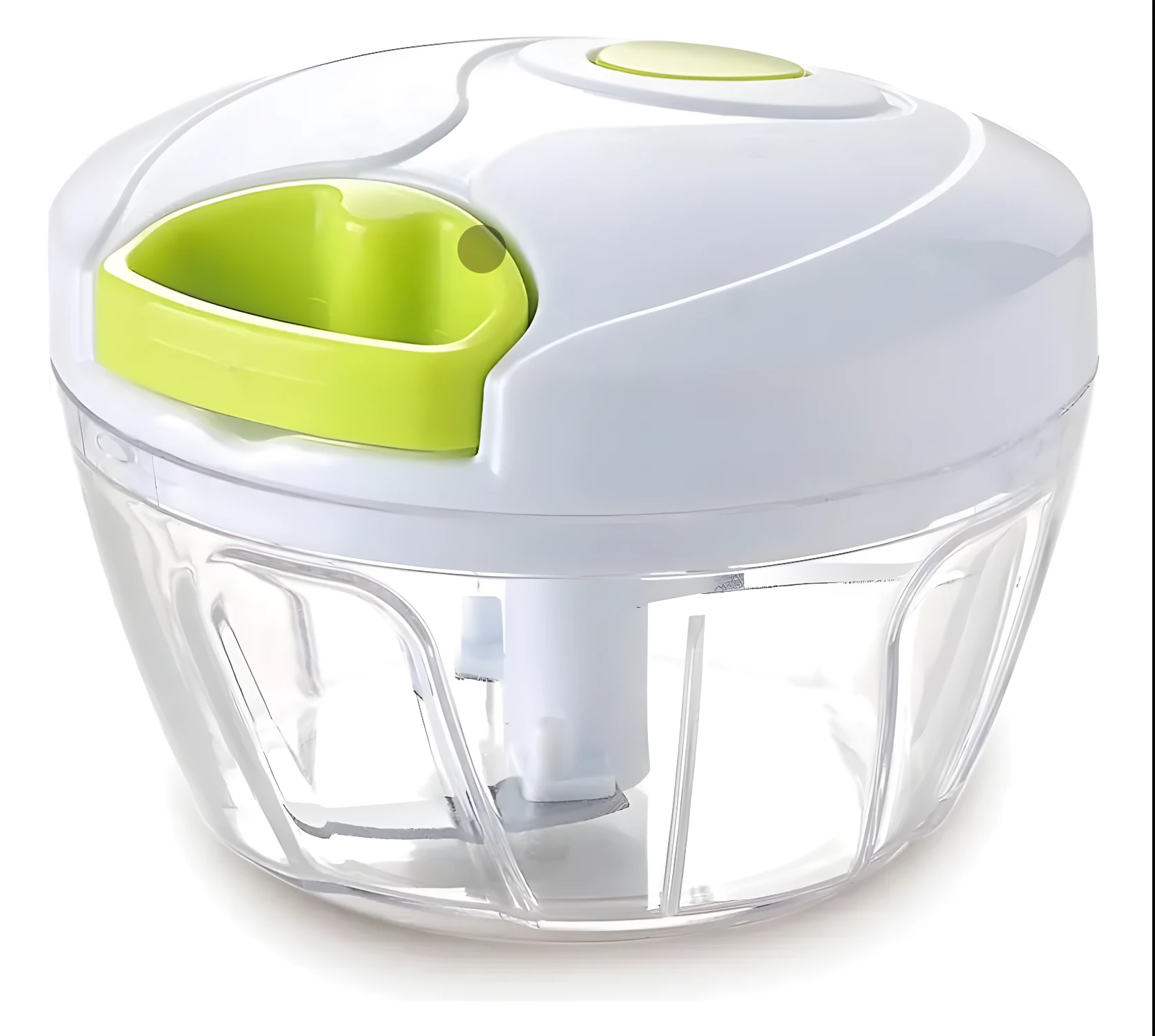 Picador manual de alimentos transparente con tapa blanca y verde, ideal para picar ingredientes.