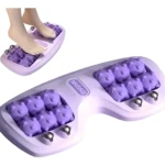 Rodillo de masaje para pies con rodillos de masaje púrpura y detalle de masaje.