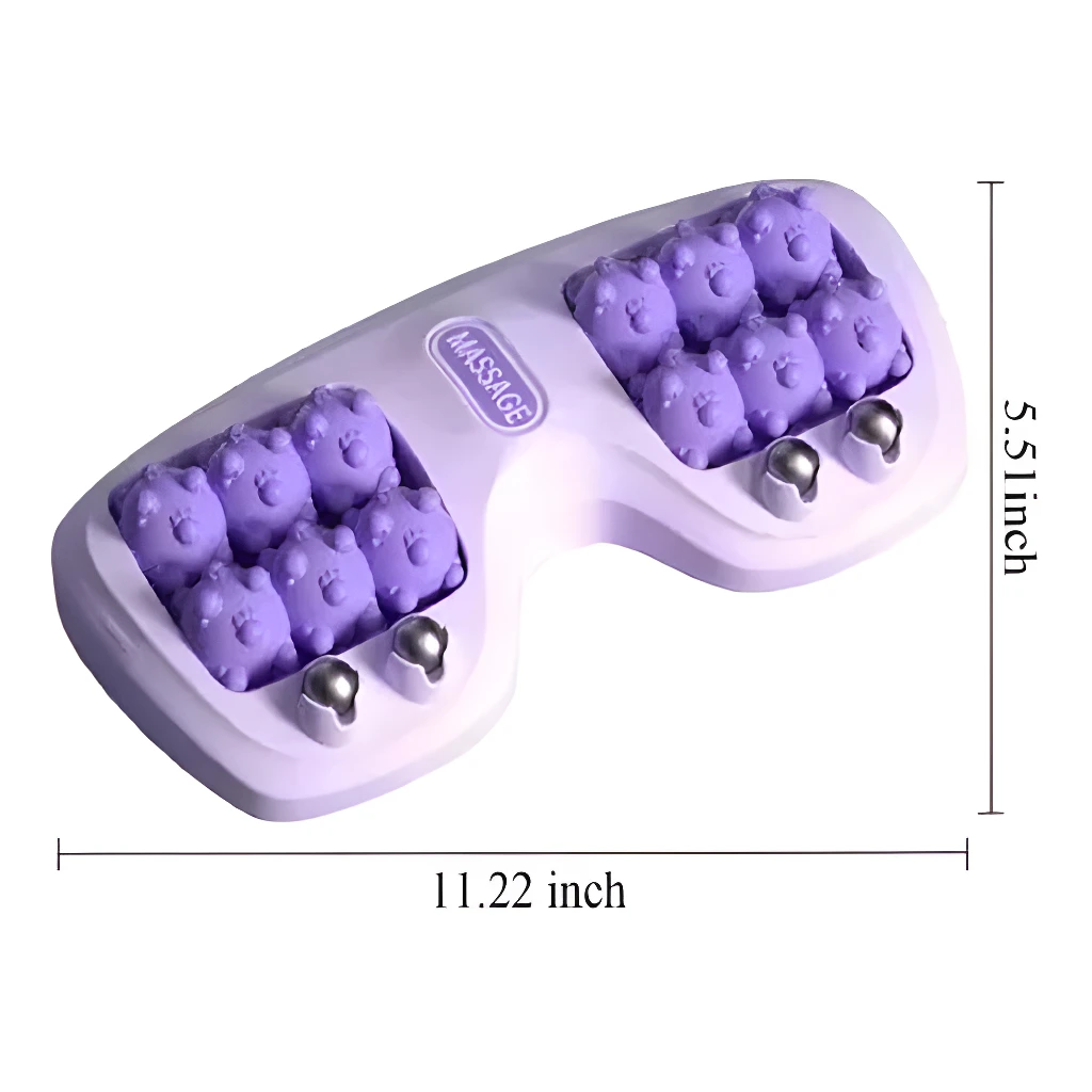 Rodillo de masaje de pies púrpura con diseño de ositos y medidas 11.22 x 5.51 pulgadas.
