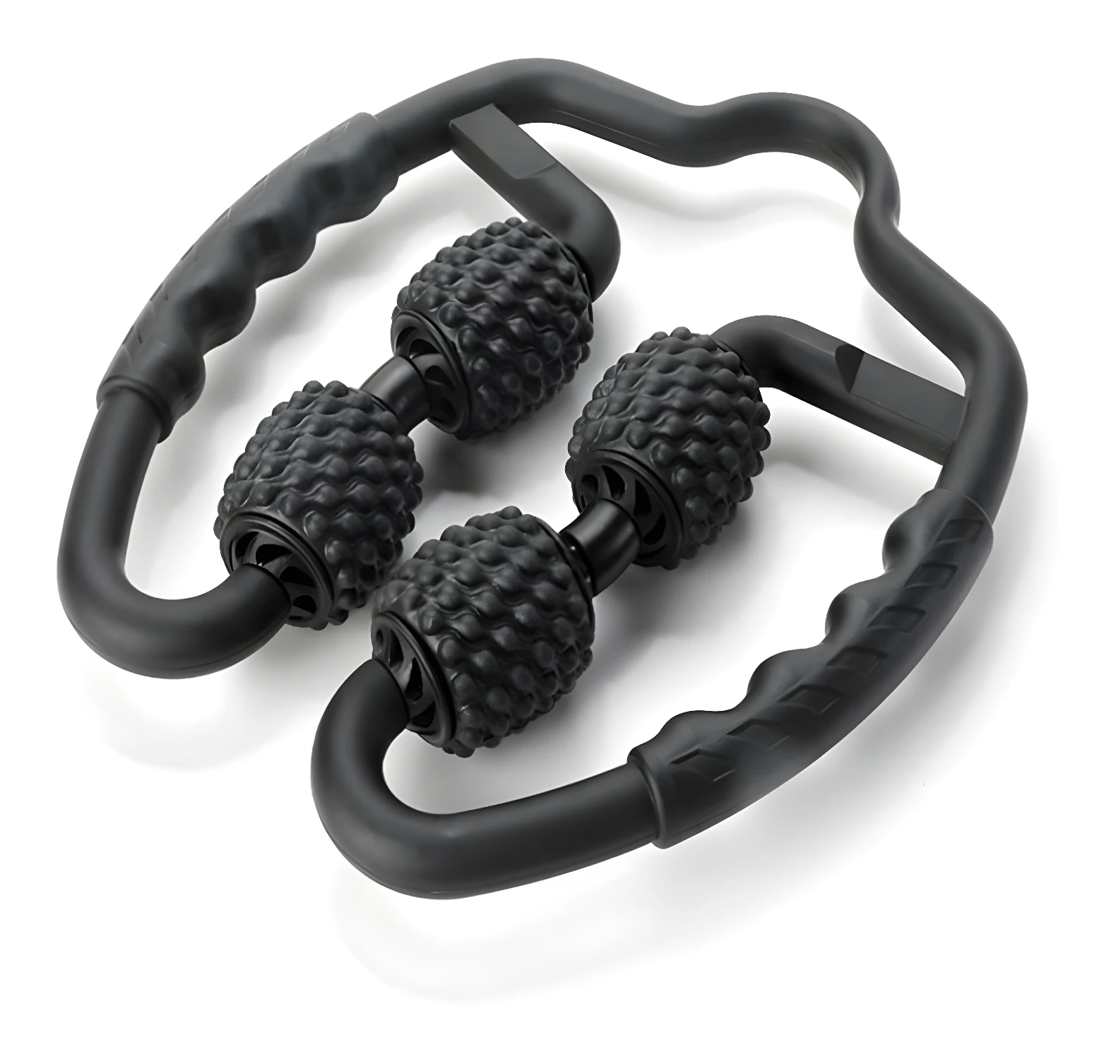 Rodillo masajeador de cuello y espalda con dos rodillos texturizados y mangos ergonómicos.