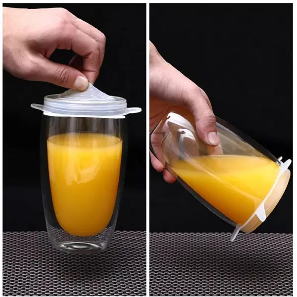 Set 6 tapas de silicona para vaso de vidrio con jugo de naranja, sellado hermético.