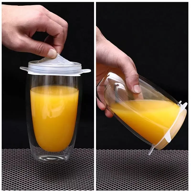 Set 6 tapas de silicona para vaso de vidrio con jugo de naranja, sellado hermético.