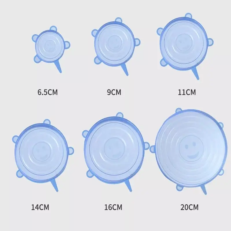 Set 6 tapas de silicona flexibles para alimentos, varios tamaños, color azul, reutilizables