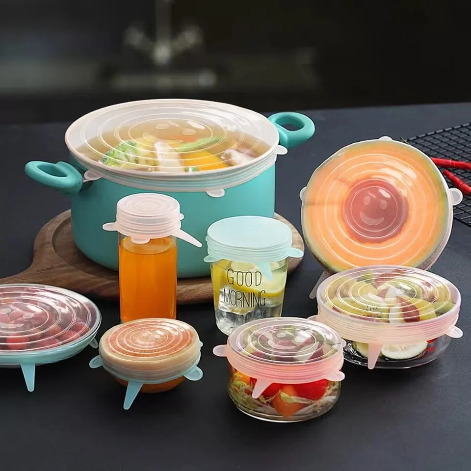 Set de 6 tapas de silicona flexibles para ollas y recipientes de alimentos, varios tamaños.
