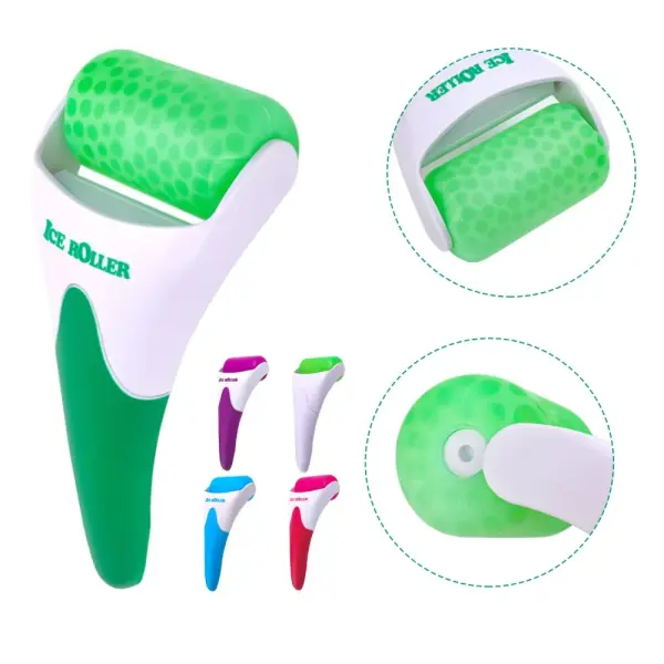 Rodillo de crioterapia facial con rodillo verde texturizado y mango ergonómico.