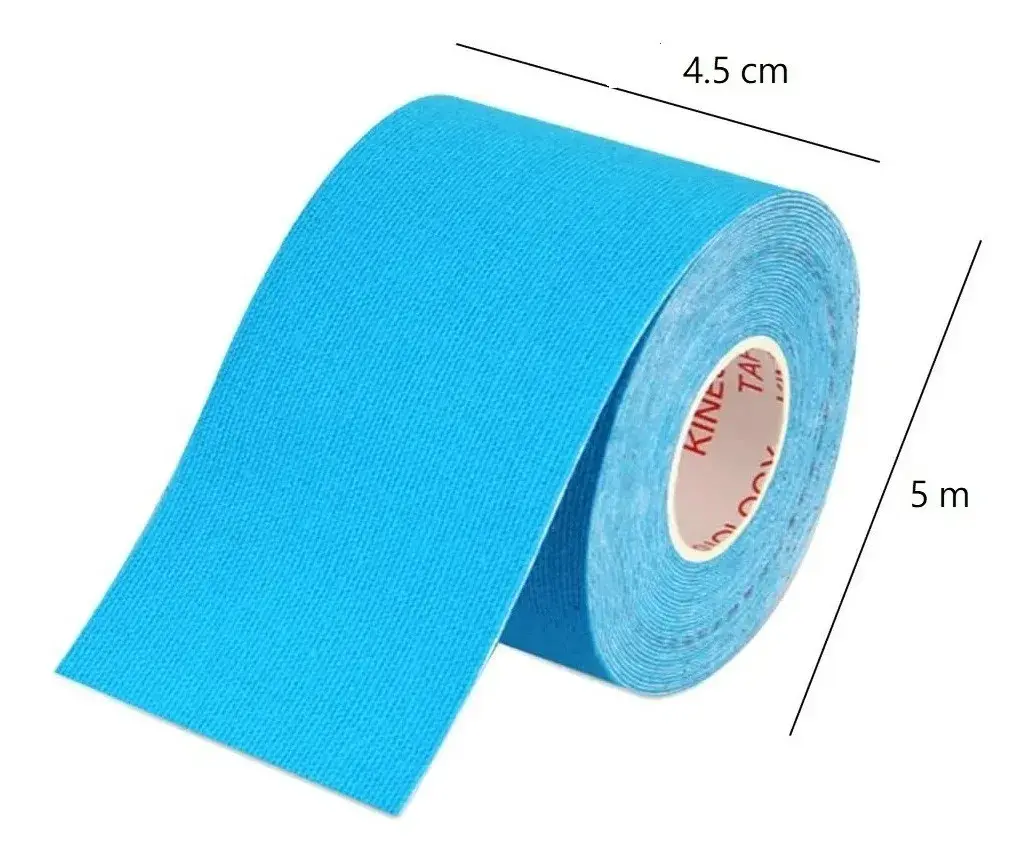 Cinta kinesiológica azul de 5 m de largo y 4.5 cm de ancho, ideal para terapia y lesiones.