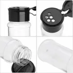 Kit organizador multiusos 7 en 1: tarro plástico transparente con tapa de rosca negra y dosificador.