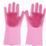 Guantes Mágicos Mg rosas con cerdas de silicona para lavar platos y limpiar.