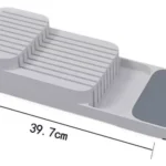 Organizador de cuchillos de cocina gris escalonado con medidas 39.7x13x7.5cm.