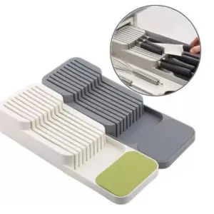 Organizador de cuchillos de cajón, 2 niveles, blanco y gris, con huecos para utensilios.