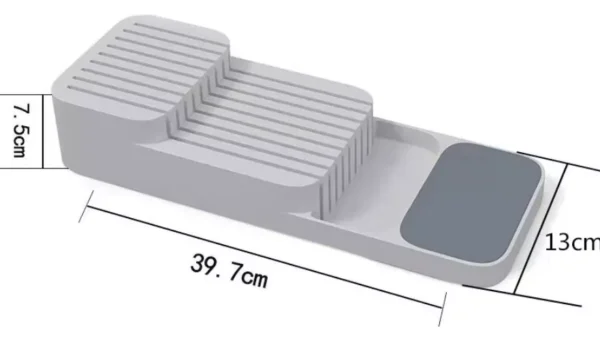 Organizador de cuchillos de cocina gris escalonado con medidas 39.7x13x7.5cm.